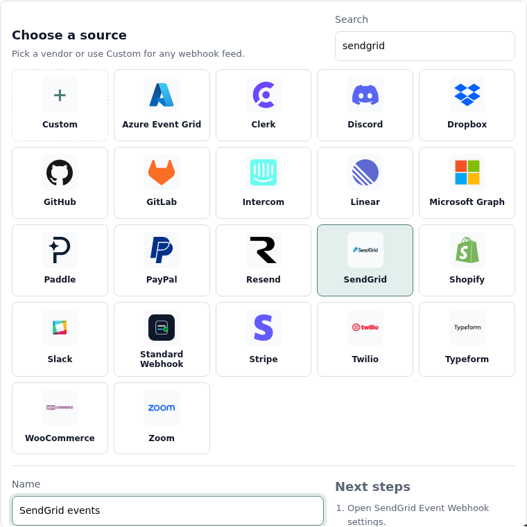 Relin source picker with SendGrid selected
