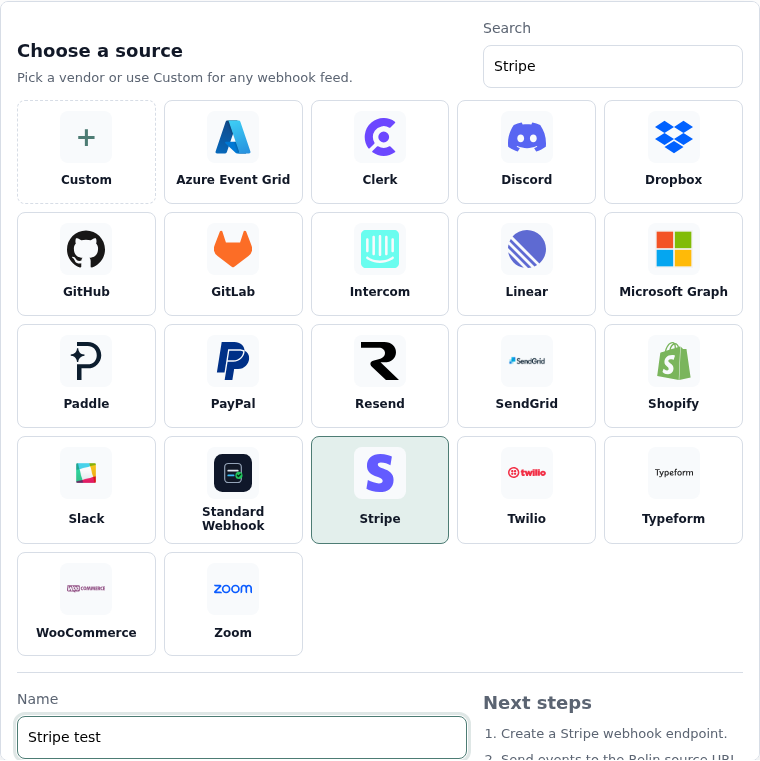 Relin source picker with the Stripe source selected