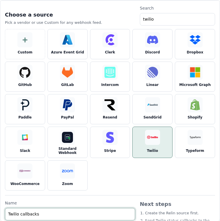 Relin source picker with Twilio selected